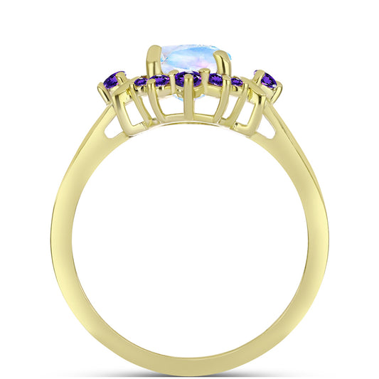Goldplattierter Silberring mit Regenbogenmondstein und marokkanischem Amethyst