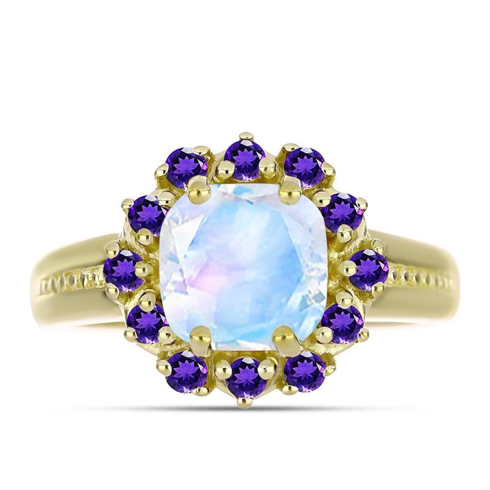Goldplattierter Silberring mit Regenbogenmondstein und marokkanischem Amethyst