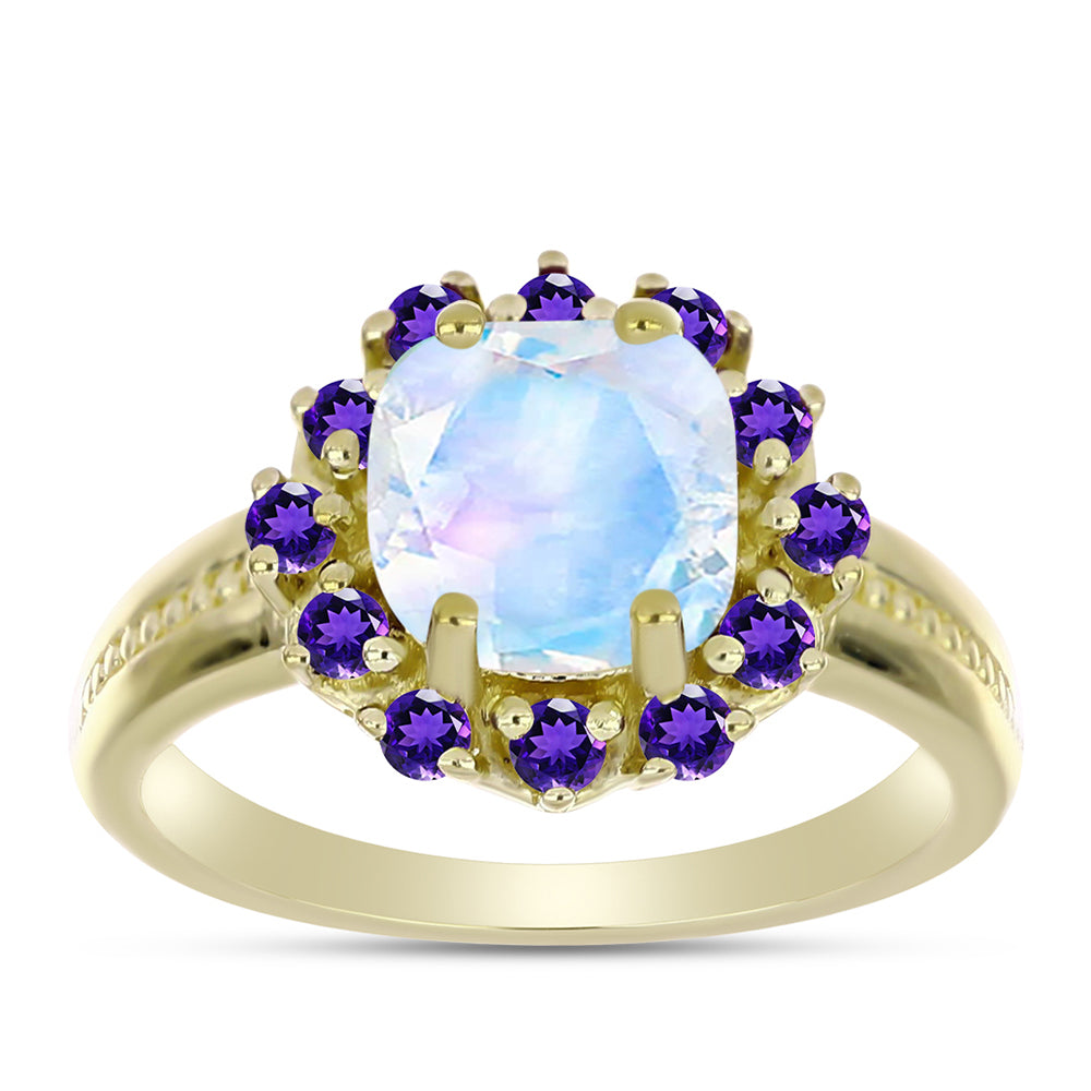 Goldplattierter Silberring mit Regenbogenmondstein und marokkanischem Amethyst