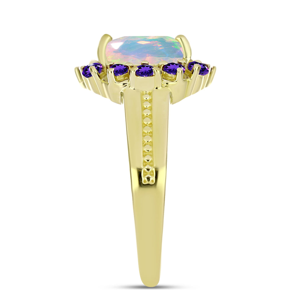 Goldplattierter Silberring mit Regenbogenmondstein und marokkanischem Amethyst