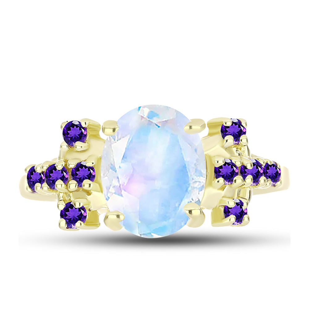 Goldplattierter Silberring mit Regenbogenmondstein und marokkanischem Amethyst