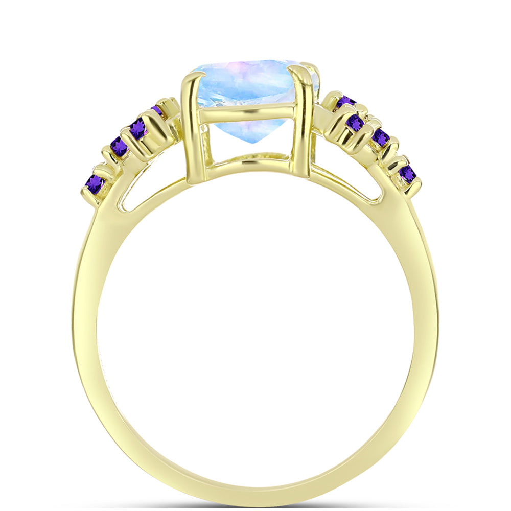 Goldplattierter Silberring mit Regenbogenmondstein und marokkanischem Amethyst