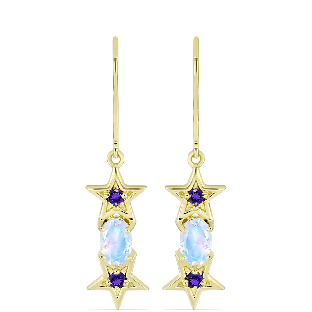Goldplattierte Silberohrringe mit Regenbogenmondstein und marokkanischem Amethyst