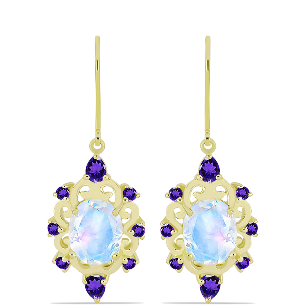 Goldplattierte Silberohrringe mit Regenbogenmondstein und marokkanischem Amethyst