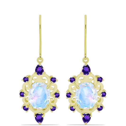 Goldplattierte Silberohrringe mit Regenbogenmondstein und marokkanischem Amethyst
