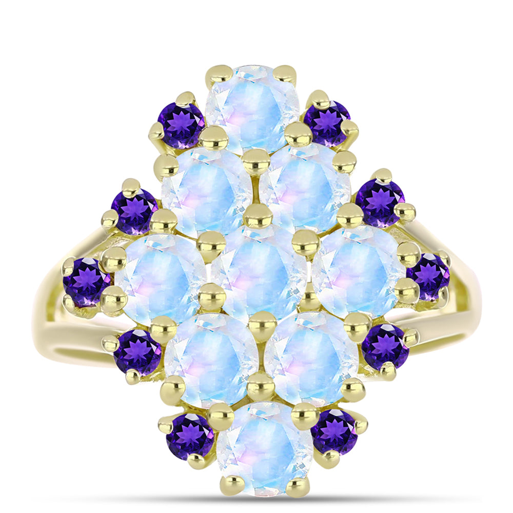 Goldplattierter Silberring mit Regenbogenmondstein und marokkanischem Amethyst 1 