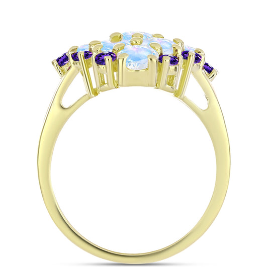 Goldplattierter Silberring mit Regenbogenmondstein und marokkanischem Amethyst