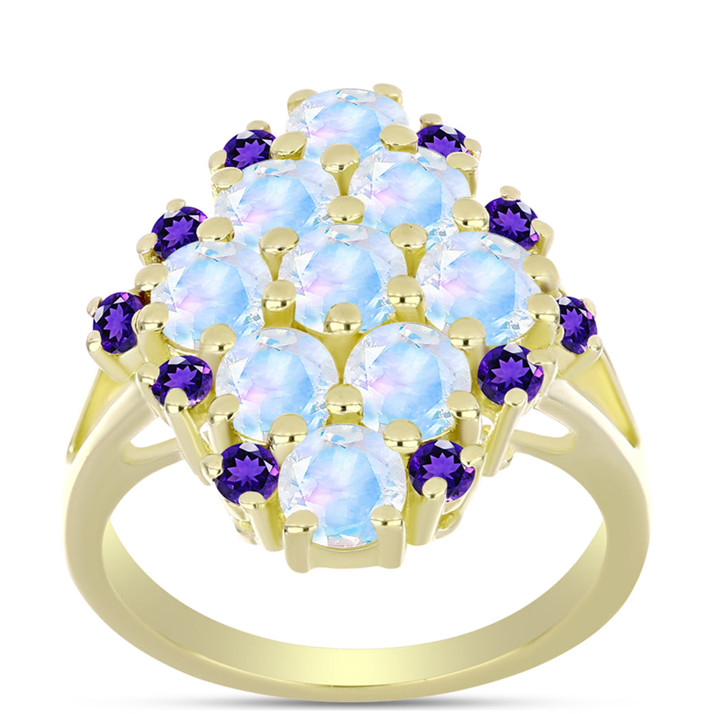 Goldplattierter Silberring mit Regenbogenmondstein und marokkanischem Amethyst
