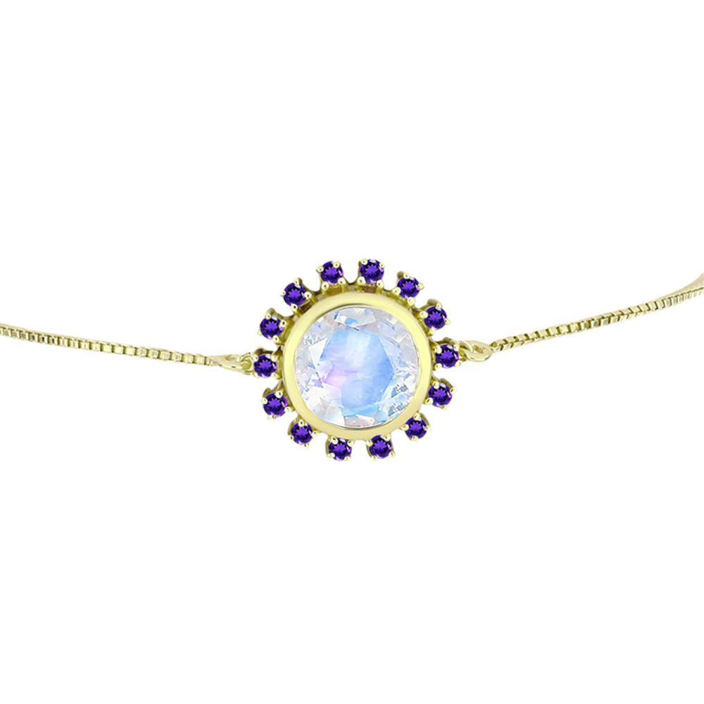 Goldplattiertes Silberarmband mit Regenbogenmondstein und marokkanischem Amethyst