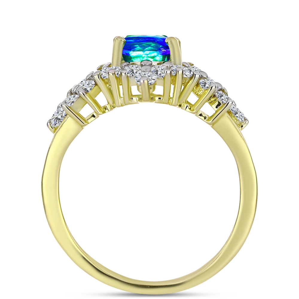 Goldplattierter Silberring mit Pfauenquarz und weißem Topas