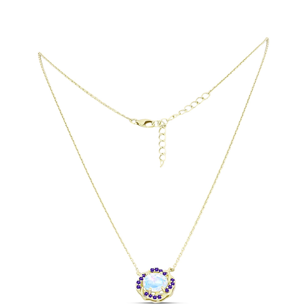 Goldplattierte Silberhalskette mit Regenbogenmondstein und marokkanischem Amethyst