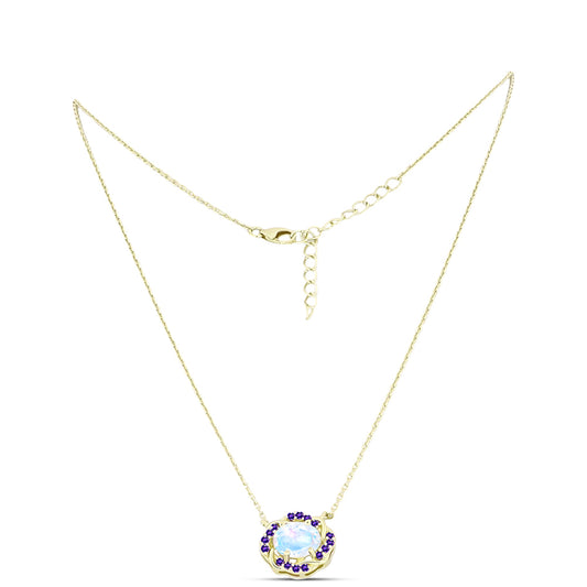 Goldplattierte Silberhalskette mit Regenbogenmondstein und marokkanischem Amethyst