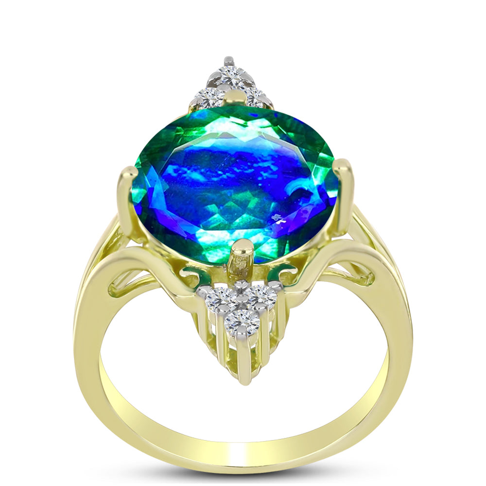 Goldplattierter Silberring mit Pfauenquarz und weißem Topas