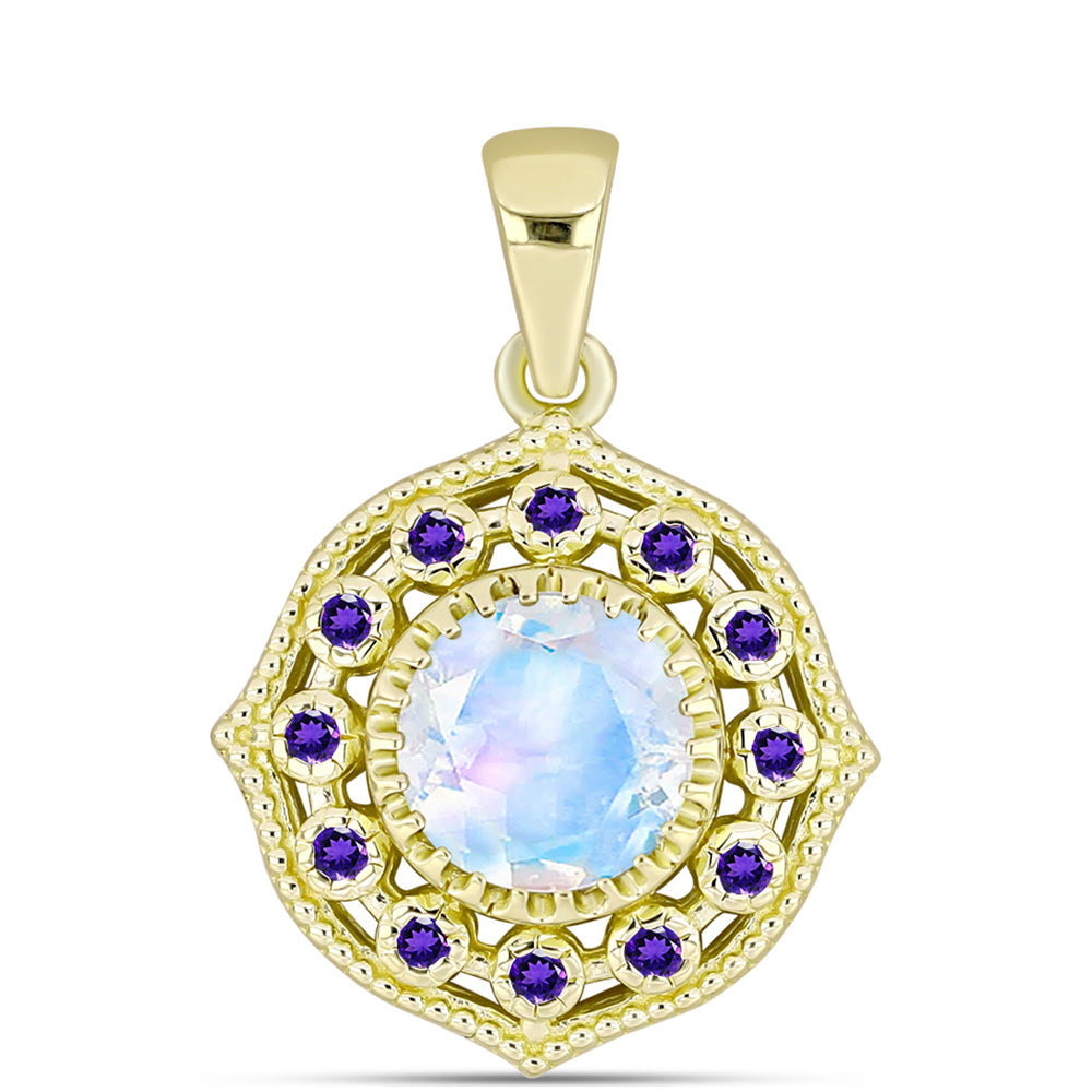 Goldplattierter Silberanhänger mit Regenbogenmondstein und marokkanischem Amethyst