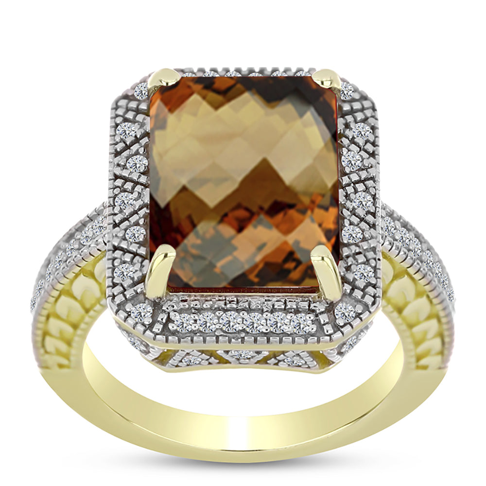 Goldplattierter Silberring mit Cognac-Quarz und weißem Topas