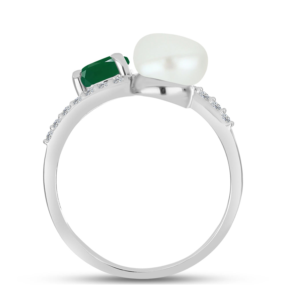 Silberring mit grünem Chalcedon und weißer Süßwasserperle