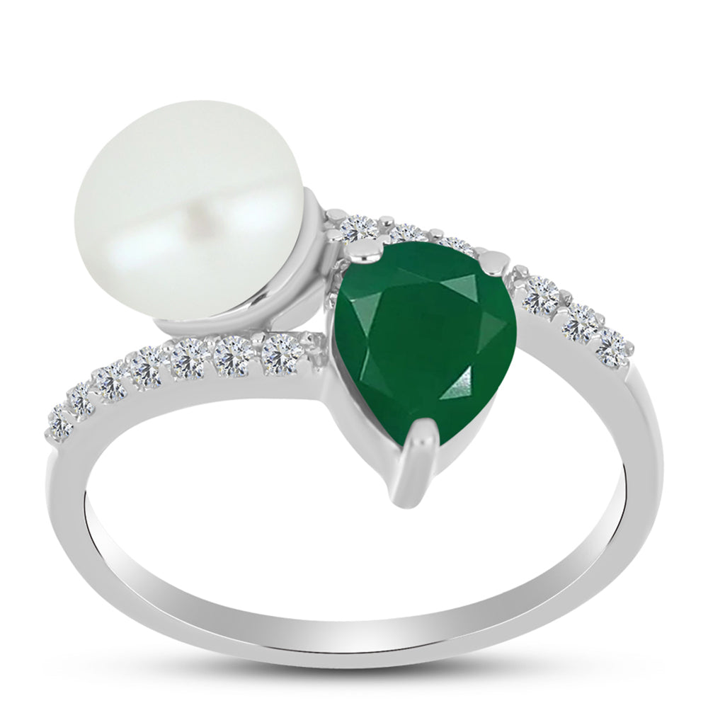 Silberring mit grünem Chalcedon und weißer Süßwasserperle