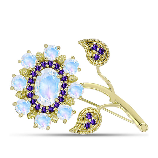 Goldplattierte Silberbrosche mit Regenbogenmondstein und marokkanischem Amethyst