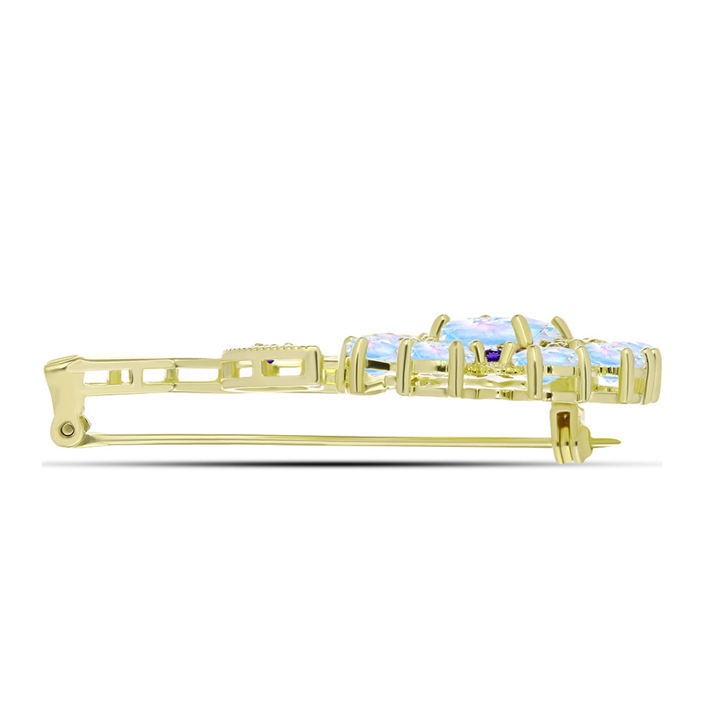 Goldplattierte Silberbrosche mit Regenbogenmondstein und marokkanischem Amethyst