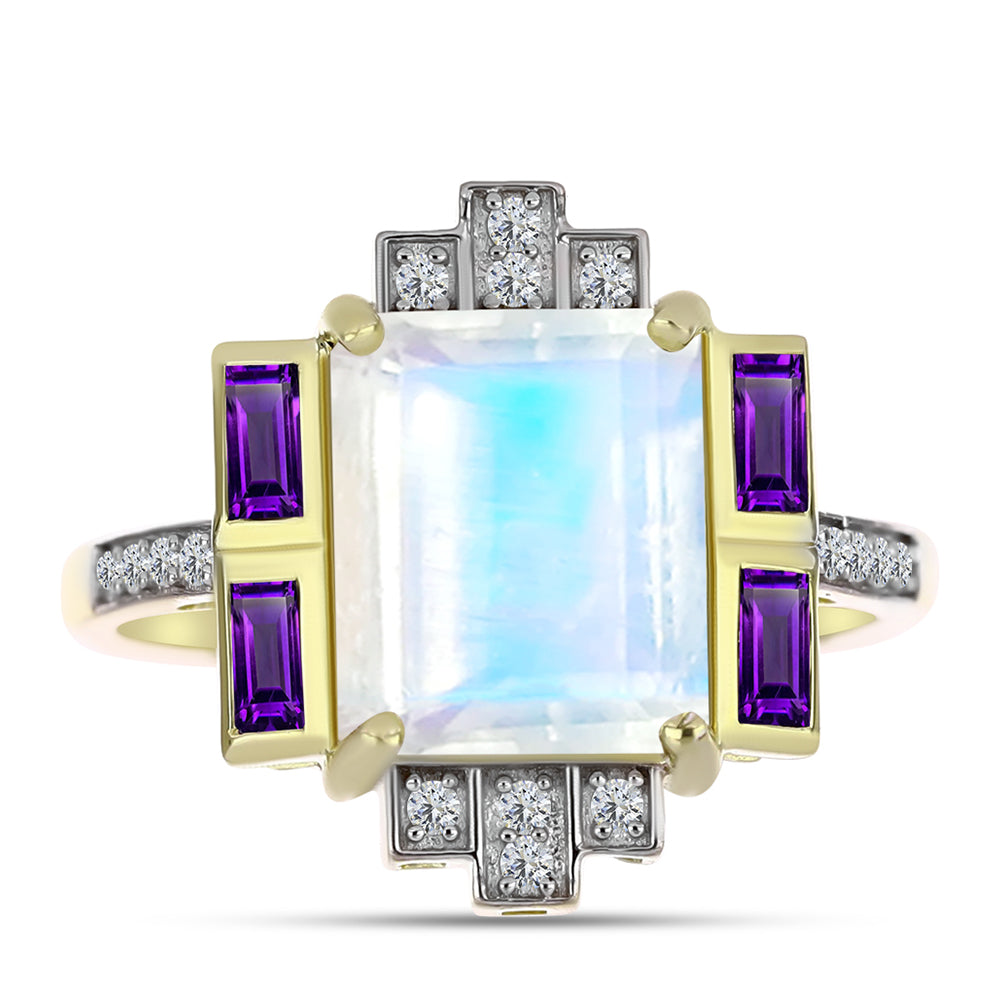 Goldplattierter Silberring mit Regenbogenmondstein und marokkanischem Amethyst 1 