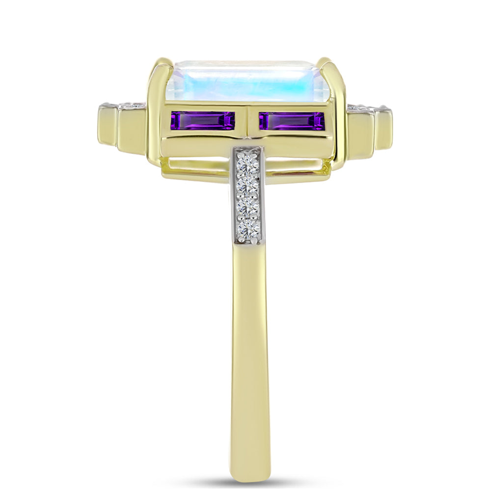 Goldplattierter Silberring mit Regenbogenmondstein und marokkanischem Amethyst
