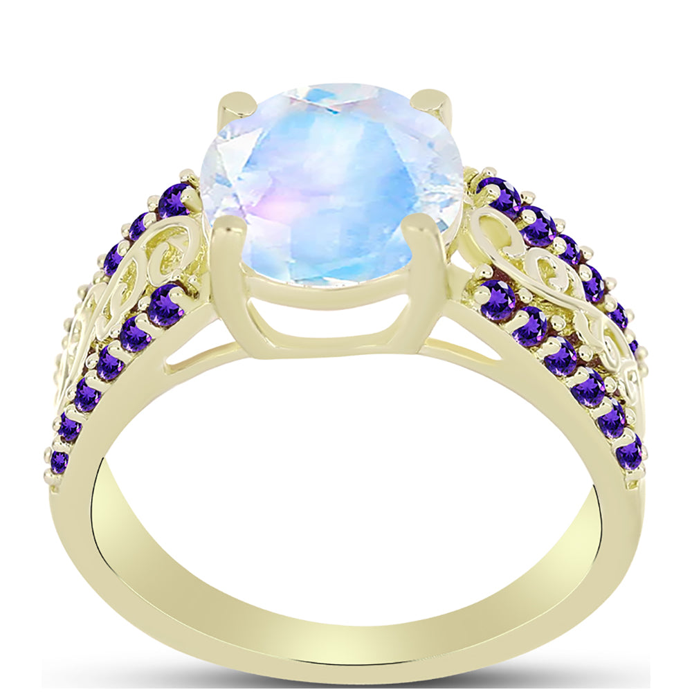 Goldplattierter Silberring mit Regenbogenmondstein und marokkanischem Amethyst