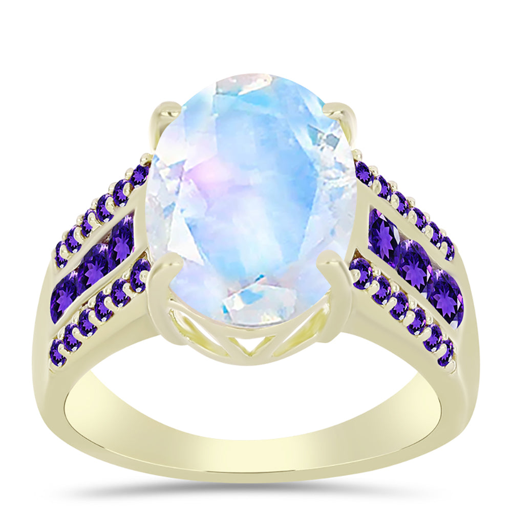 Goldplattierter Silberring mit Regenbogenmondstein und marokkanischem Amethyst 3 