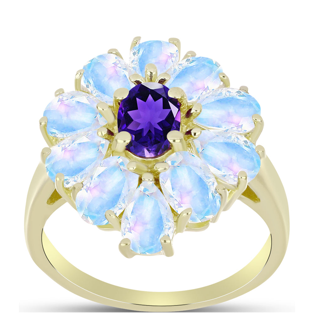 Goldplattierter Silberring mit Regenbogenmondstein und marokkanischem Amethyst 3 