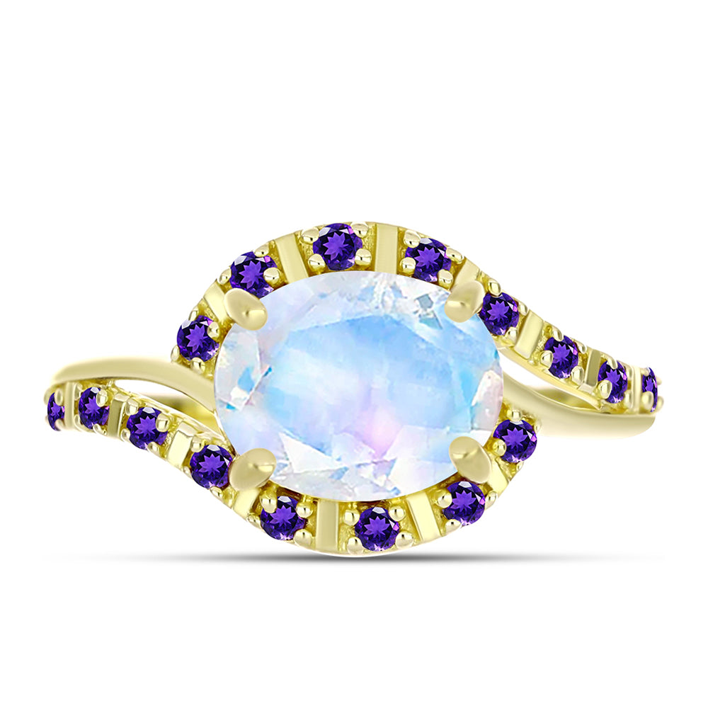 Goldplattierter Silberring mit Regenbogenmondstein und marokkanischem Amethyst