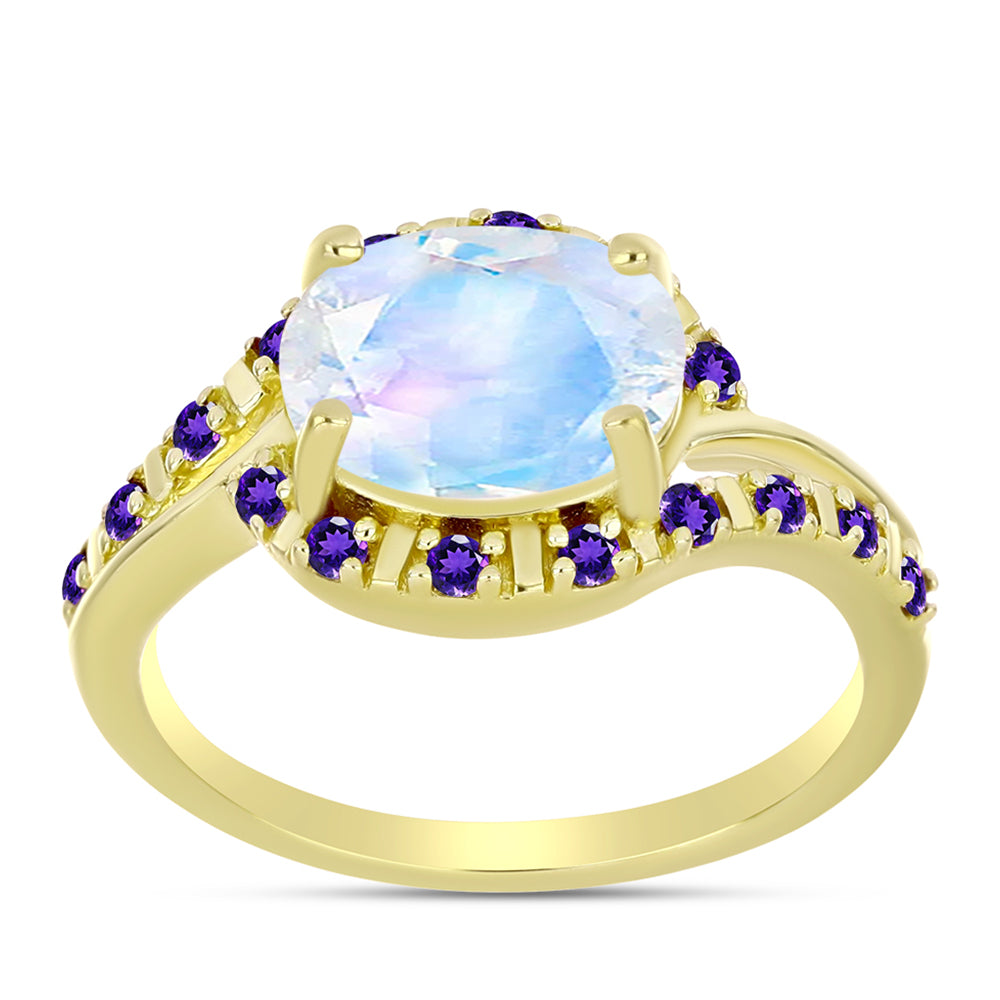 Goldplattierter Silberring mit Regenbogenmondstein und marokkanischem Amethyst