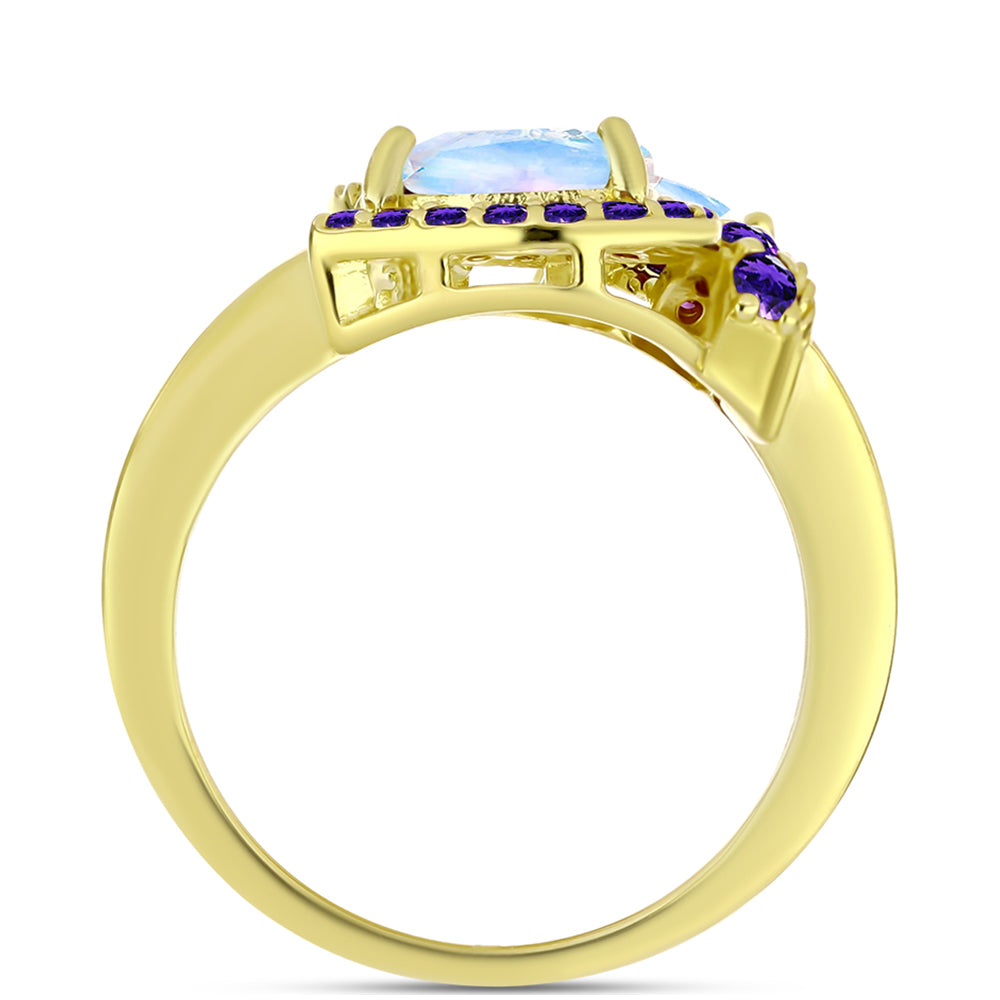 Goldplattierter Silberring mit Regenbogenmondstein und marokkanischem Amethyst