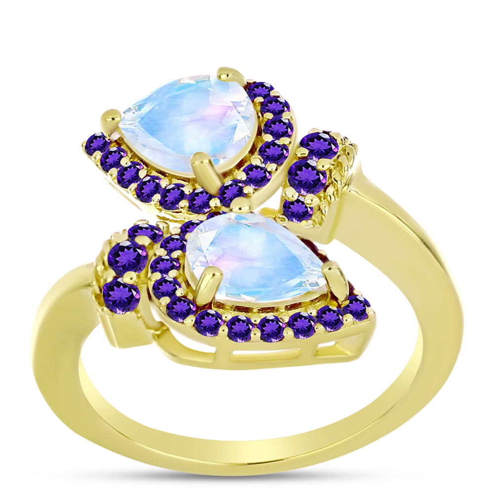 Goldplattierter Silberring mit Regenbogenmondstein und marokkanischem Amethyst 3 