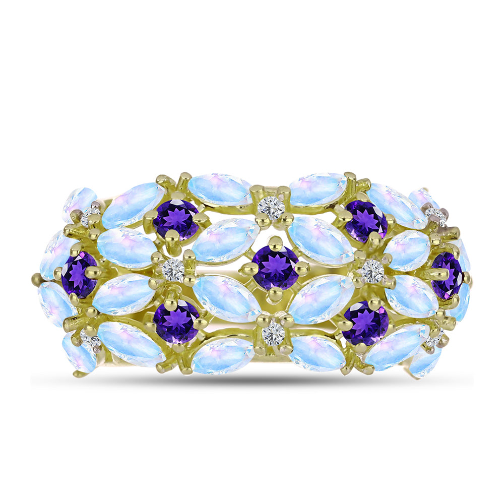 Goldplattierter Silberring mit Regenbogenmondstein und marokkanischem Amethyst 1 