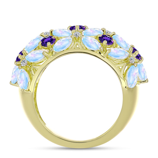 Goldplattierter Silberring mit Regenbogenmondstein und marokkanischem Amethyst