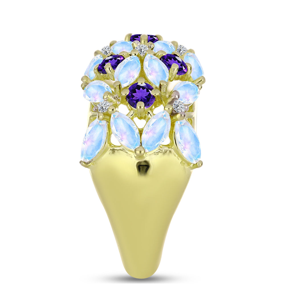 Goldplattierter Silberring mit Regenbogenmondstein und marokkanischem Amethyst