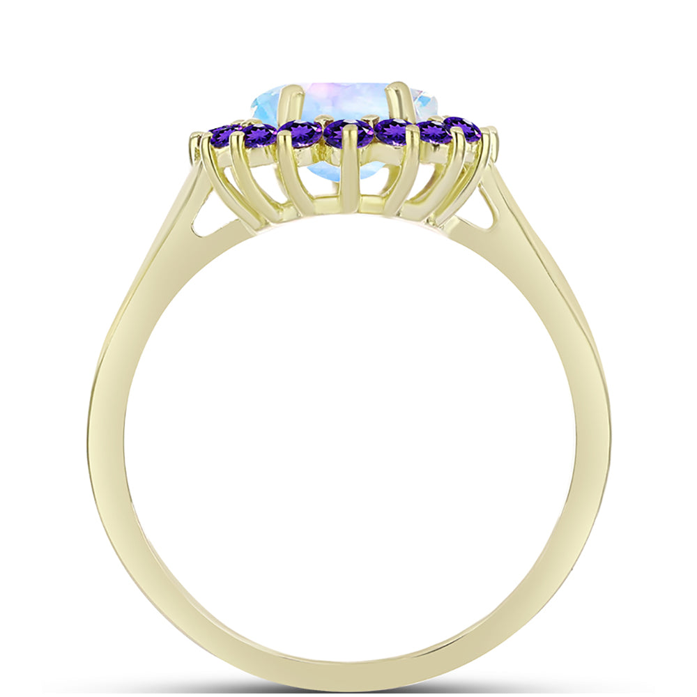 Goldplattierter Silberring mit Regenbogenmondstein und marokkanischem Amethyst