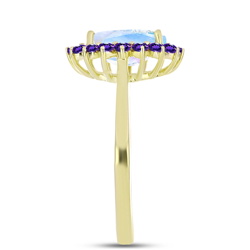 Goldplattierter Silberring mit Regenbogenmondstein und marokkanischem Amethyst