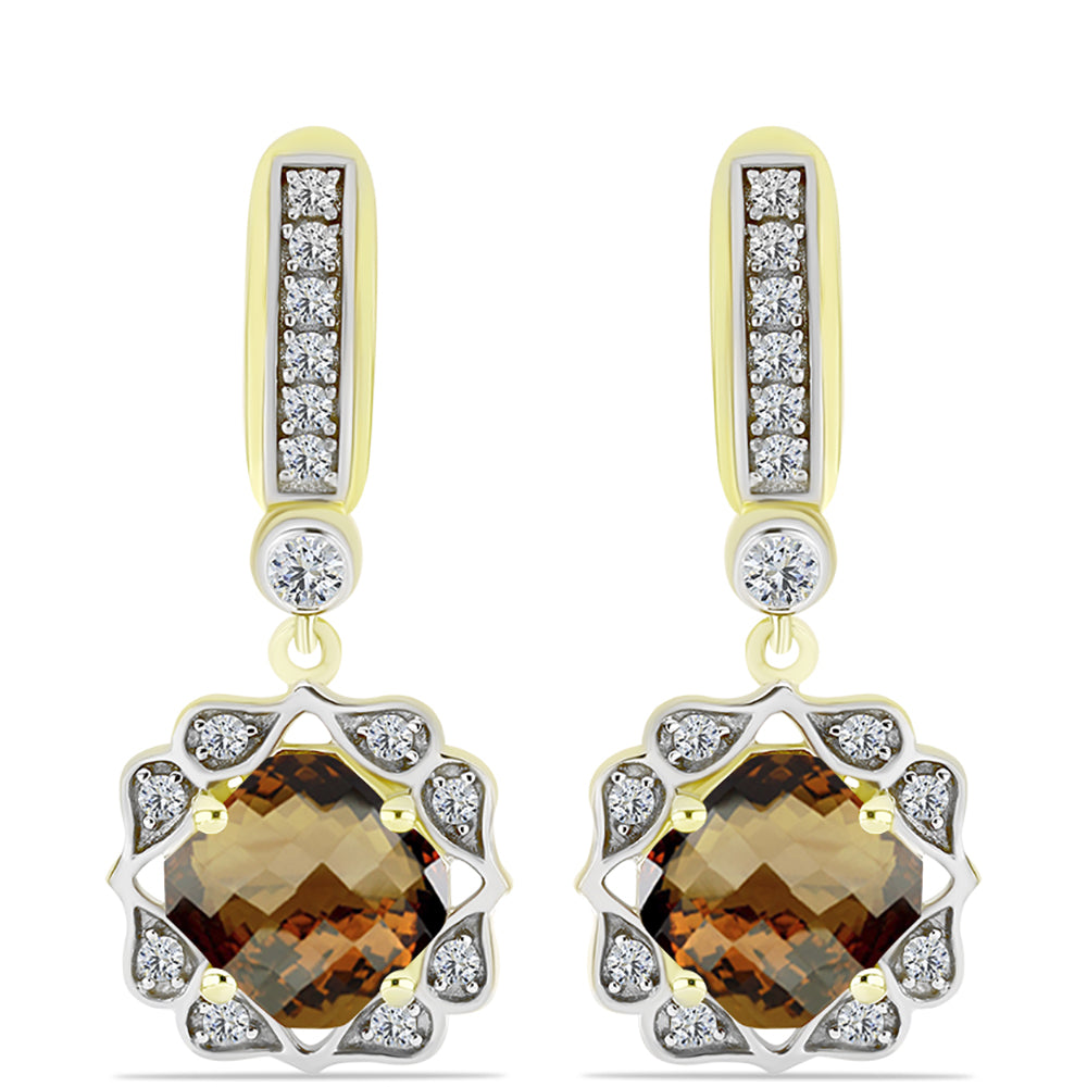 Goldplattierte Silberohrringe mit Cognac-Quarz und weißem Topas