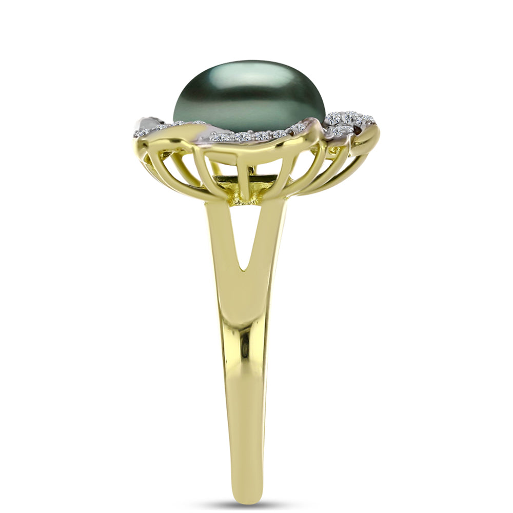 Goldplattierter Silberring mit Tahitigrüne-Illusion Süßwasserperle und weißem Topas