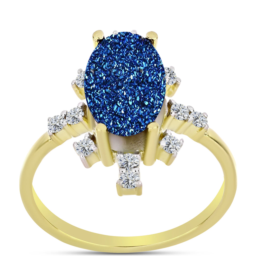 Goldplattierter Silberring mit blauer Druse und weißem Topas