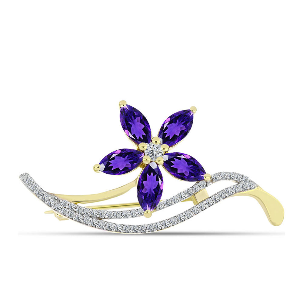 Goldplattierte Silberbrosche mit marokkanischem Amethyst und weißem Topas