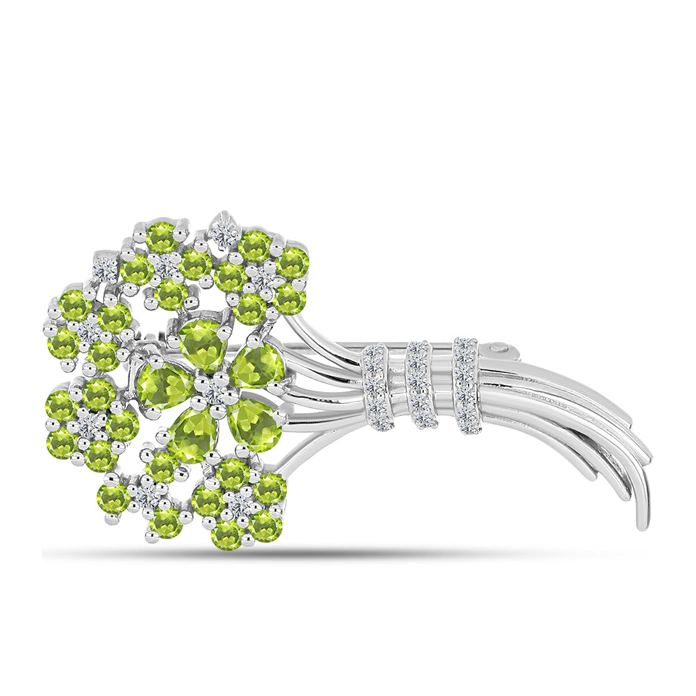 Silberbrosche mit Peridot aus Changbai und weißem Topas