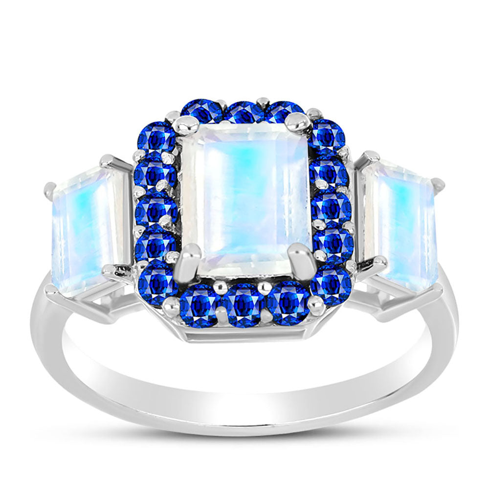 Silberring mit australischem blauem Saphir und Regenbogenmondstein