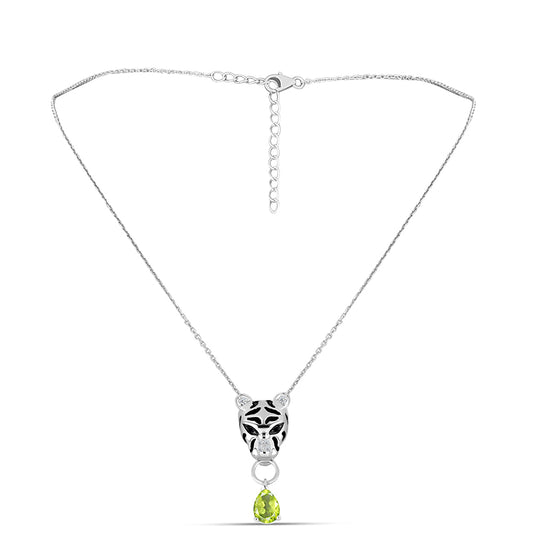 Silberhalskette mit Peridot aus Changbai und schwarzem Spinell