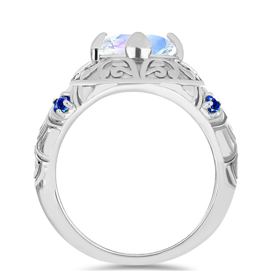 Silberring mit australischem blauem Saphir und Regenbogenmondstein