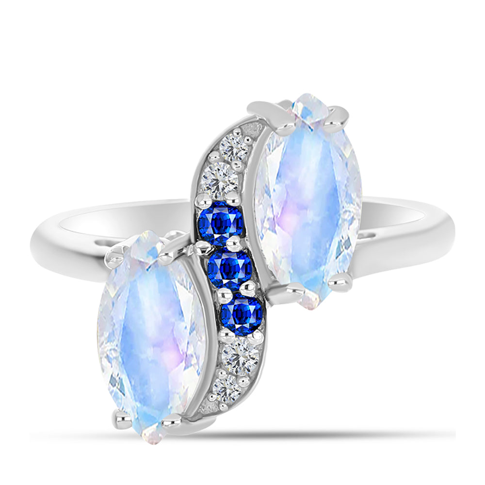 Silberring mit australischem blauem Saphir und Regenbogenmondstein 1 