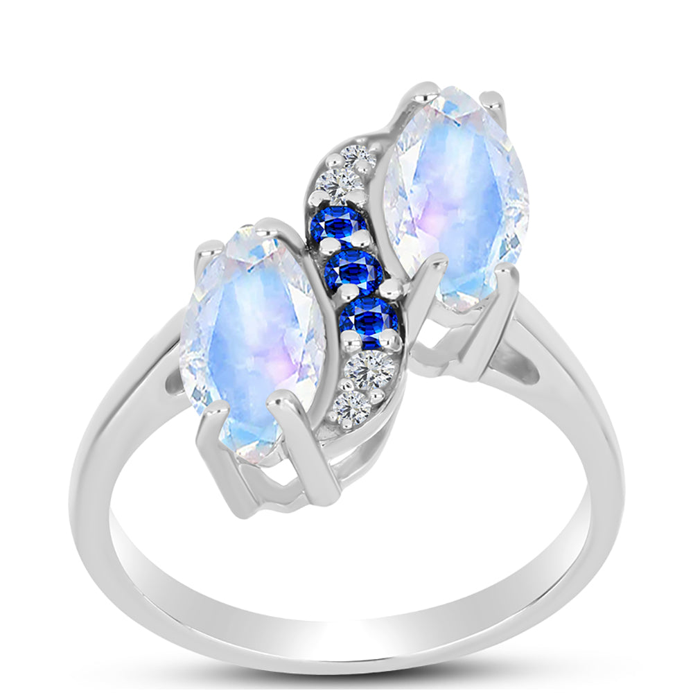 Silberring mit australischem blauem Saphir und Regenbogenmondstein