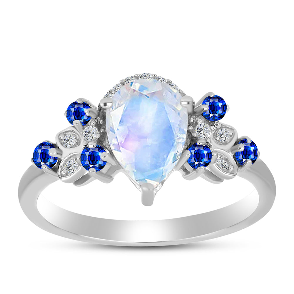 Silberring mit australischem blauem Saphir und Regenbogenmondstein