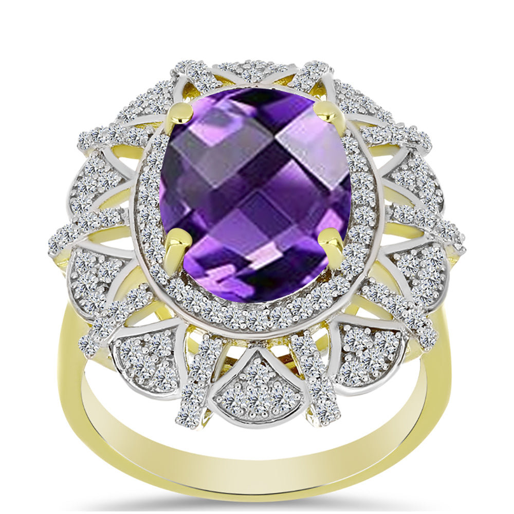 Goldplattierter Silberring mit marokkanischem Amethyst und weißem Topas