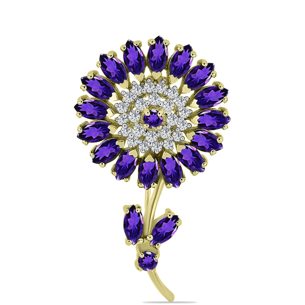 Goldplattierte Silberbrosche mit marokkanischem Amethyst und weißem Topas